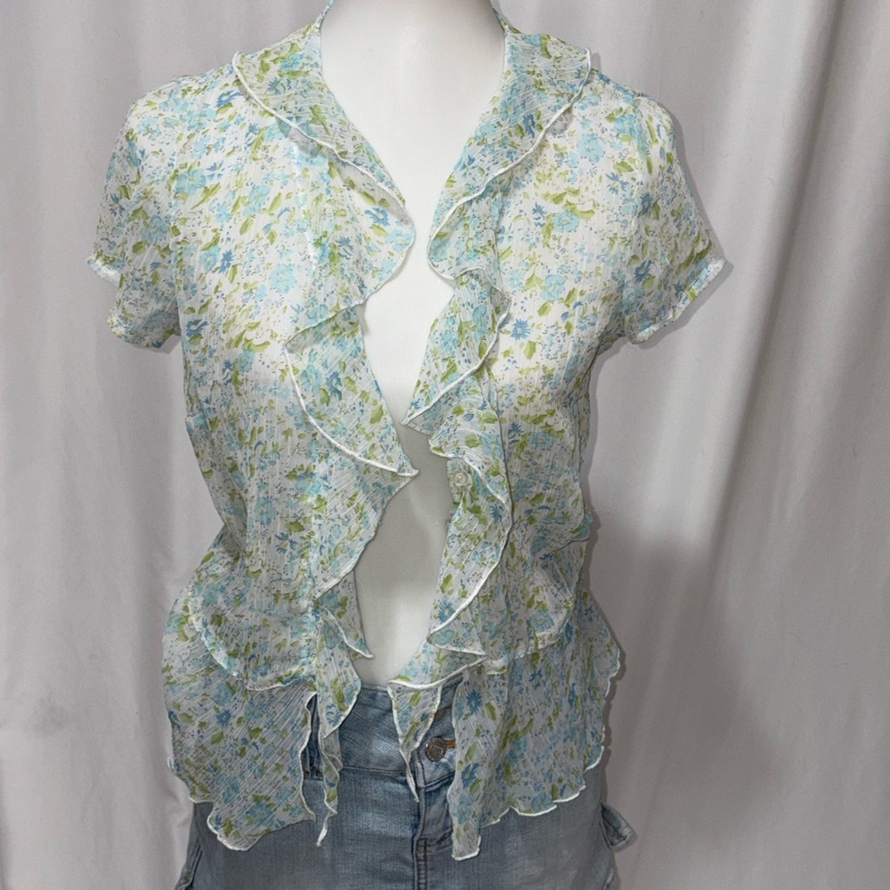 Taylor Light Blue Floral Ruffle-Front Blouse - Picture 6 of 9